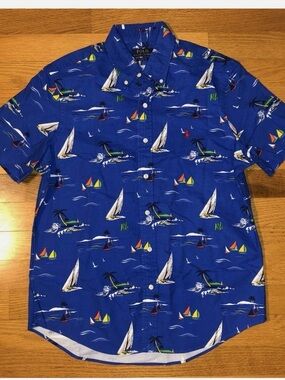 Like New— Polo Ralph Lauren Caldwell Sail Boats Hawaiian Blue Shirt Swordfish